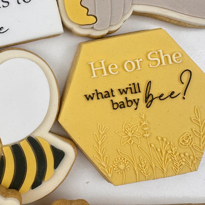 "He or she, what will baby bee?" - Raised Embosser